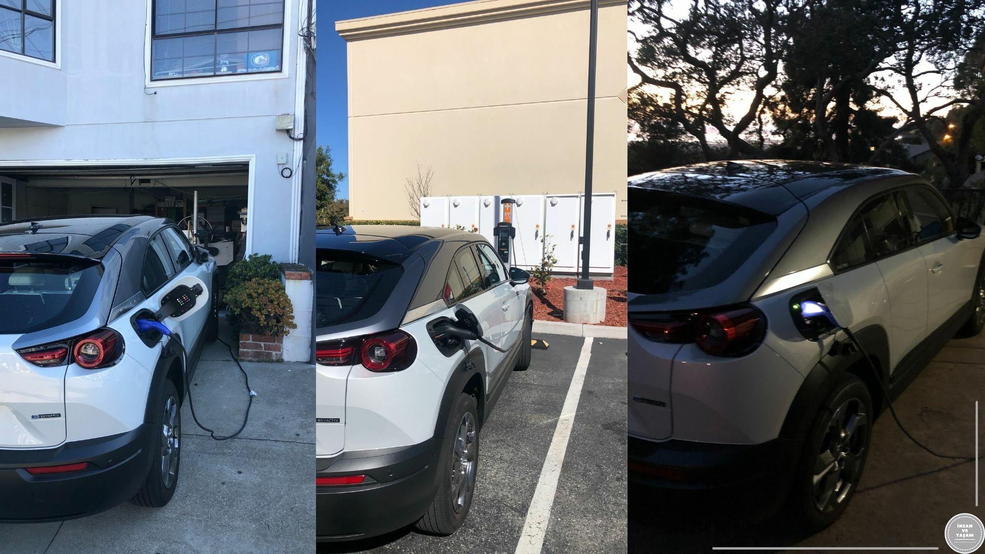 Şarj fişine takılı beyaz bir elektrikli arabanın üç fotoğrafı.